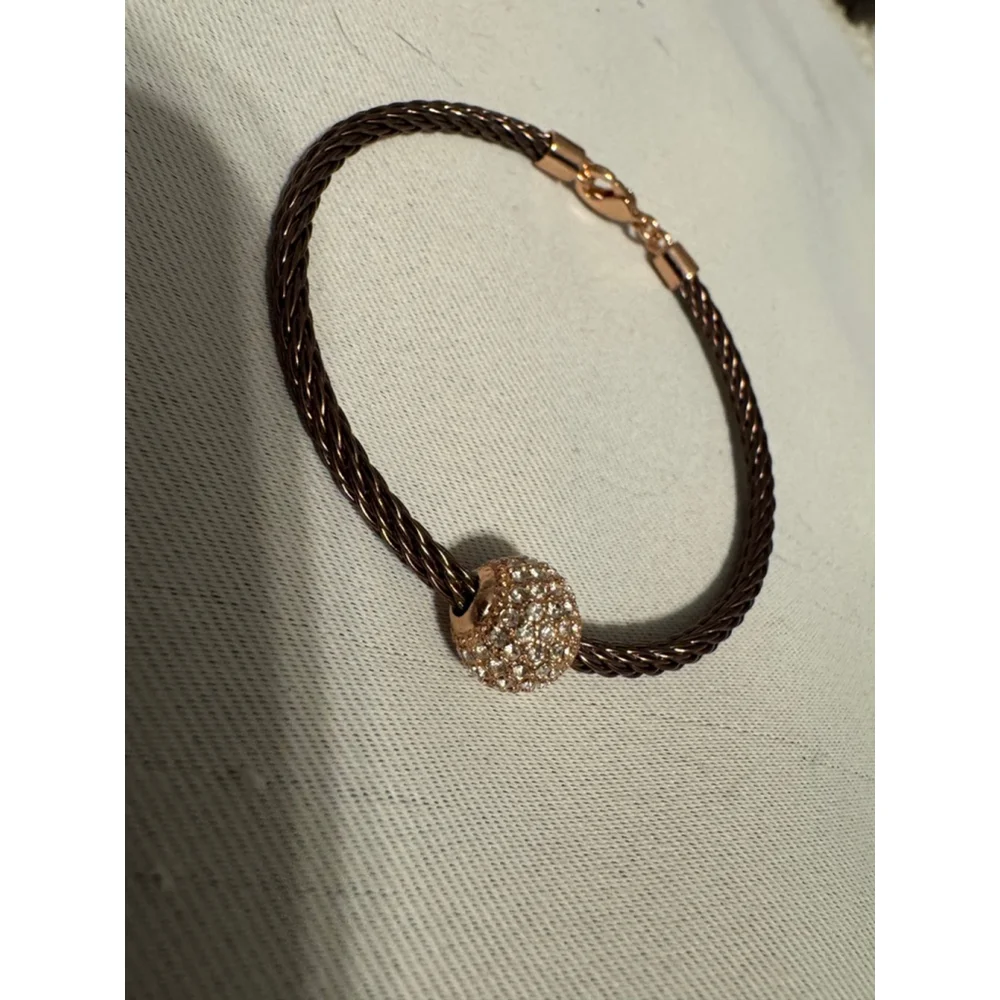 Pave Crystal Bead Bracelet Dark Cable Wire Gold Tone Quiet Luxury Glam Minimalis